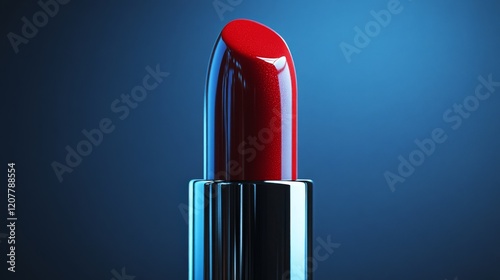 Bright red lipstick placed on reflective surface with colorful lighting effects