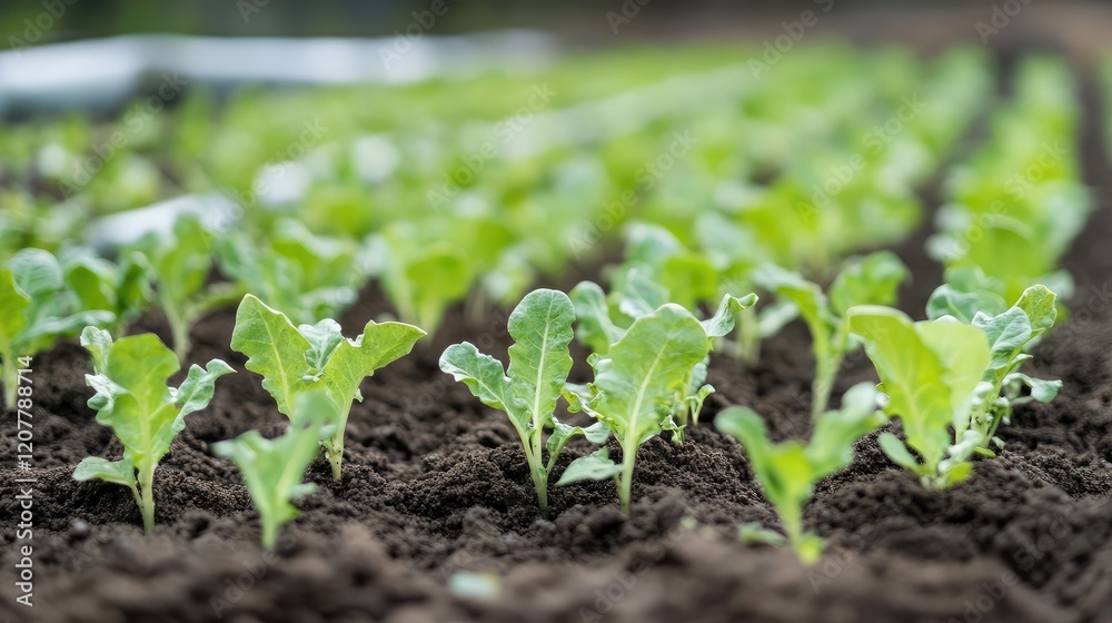 Fresh green lettuce seedlings growing in rich soil on a farm field with organic agriculture focus Copy Space Fresh green lettuce seedlings growing in rich soil on a farm field with organic agriculture focus Copy Space