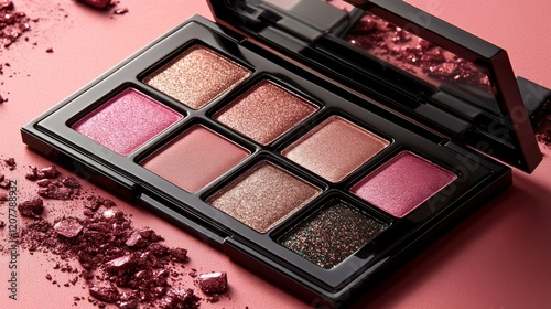 Shimmering eyeshadow palette showcasing vibrant shades of blue, silver, and g...