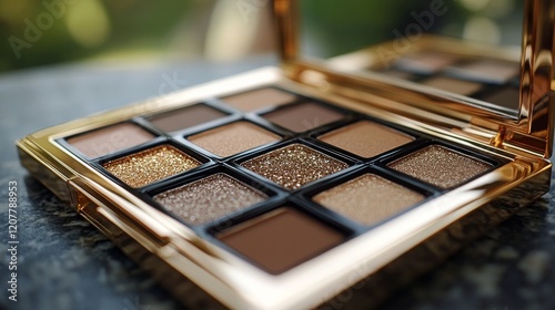 Shimmering eyeshadow palette showcasing vibrant shades of blue, silver, and g...