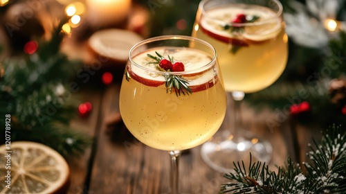 Festive holiday cocktails with apple slices and berries garnished, surrounded by pine branches and candles, Copy Space photo