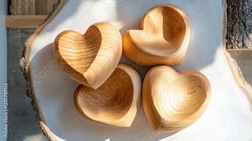 Four Hand Carved Light Brown Wooden Heart Shaped Bowls on a Tree Stump
