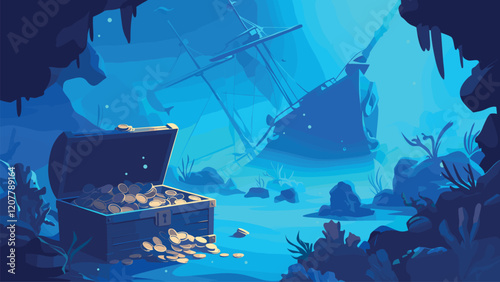 Sunken ship and treasures. Cartoon underwater scene with pirate ship coral seaweed open gold chest, ocean bottom vector illustration