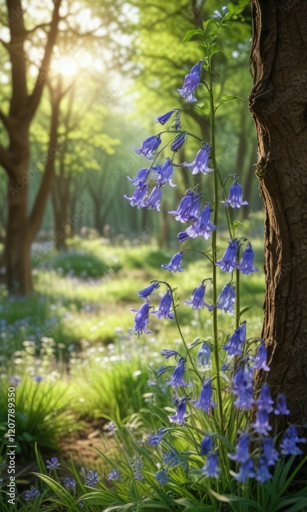 Obraz premium Bluebell flowers swaying gently in the spring breeze amidst tree branches and wildflowers, gentle movement, natural beauty