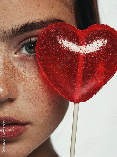 Close up portrait of a happy young woman with a red valentine love heart lollipop