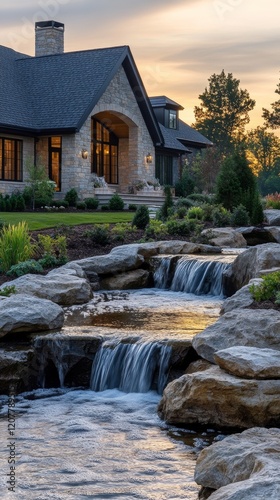 Cozy wooden house surrounded by lush greenery and serene water features at dusk