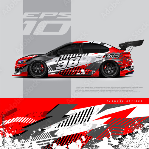 Car wrap decal graphic design. Abstract stripe racing background designs for wrap cargo van, race car, pickup truck, adventure vehicle. Eps 10