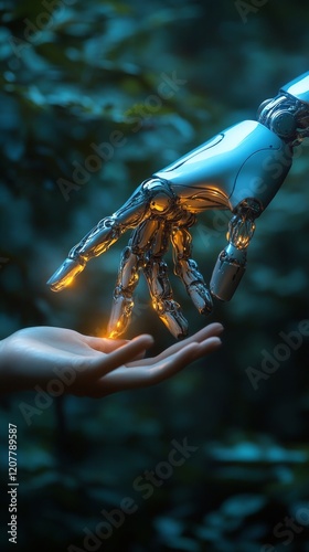 Human and robotic hand reaching out in a moment of connection