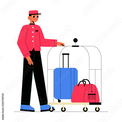 Male Bellhop With Luggage Cart In Flat Vector Illustration Symbolizing Hotel Assistance, Travel, And Hospitality, Isolated On White Background.