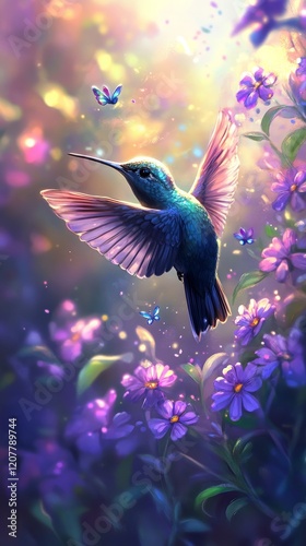 Vibrant hummingbird feeding on colorful flowers in a lush garden at dawn