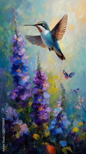 Vibrant hummingbird feeding on colorful flowers in a lush garden at dawn