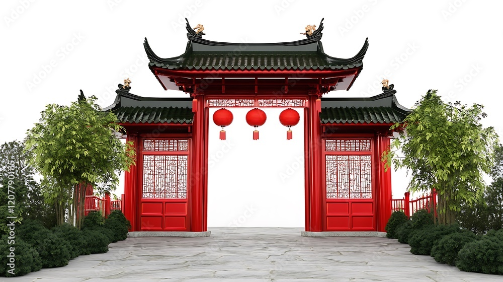 Traditional red Chinese gate with lanterns and bamboo plants on a stone path. Traditional red Chinese gate with lanterns and bamboo plants on a stone path.