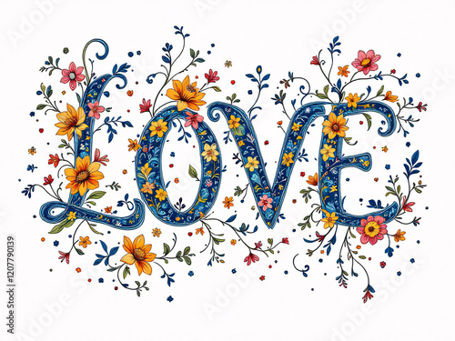 LOVE, word, letters, floral, patterns