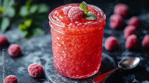 Delicious homemade raspberry jam in a jar with fresh raspberries on a table
