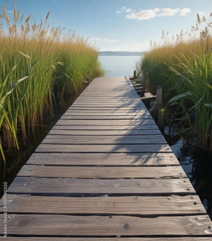Obraz premium Close-up of a wooden bridge pier surrounded by reeds, wooden, reeds