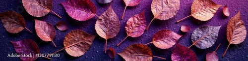 Oxidized copper leaves scattered on deep purple Intricate natural pattern , texture, tone, wallpaper
