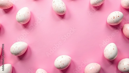 Pink eggshell texture backdrop, scattered white speckled eggs, repeating design, design element, surface