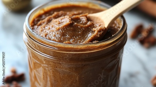 Homemade nut butter in a glass jar with a wooden spoon on a marble countertop