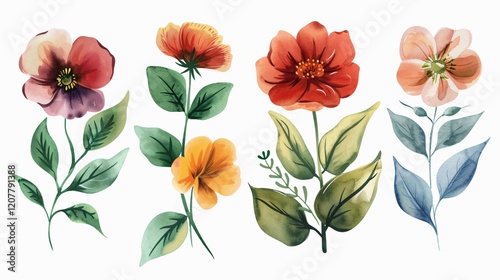 Beautiful Watercolor Floral Illustration with Flowers and Leaves