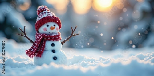 Joyful snowman in snowy landscape, ample copy space , sky, cute, landscape