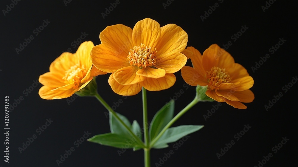 Three Vibrant Orange Flowers Against a Dark Background Three Vibrant Orange Flowers Against a Dark Background