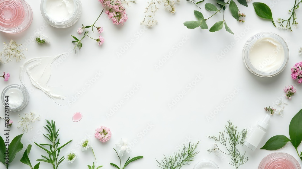 Natural skincare products and floral elements arranged on a white background with Copy Space for text placement Natural skincare products and floral elements arranged on a white background with Copy Space for text placement