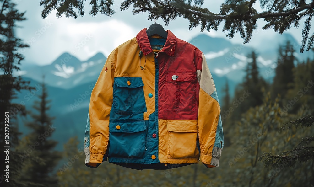 Fototapeta premium Colorful jacket hanging on tree branch against mountain backdrop.