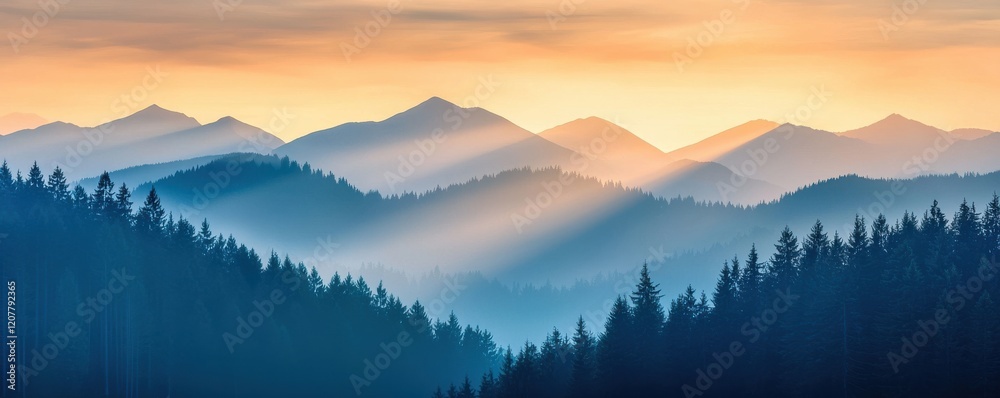 Fototapeta premium A serene mountain landscape at dawn, with layered peaks and soft, golden light filtering through misty trees.