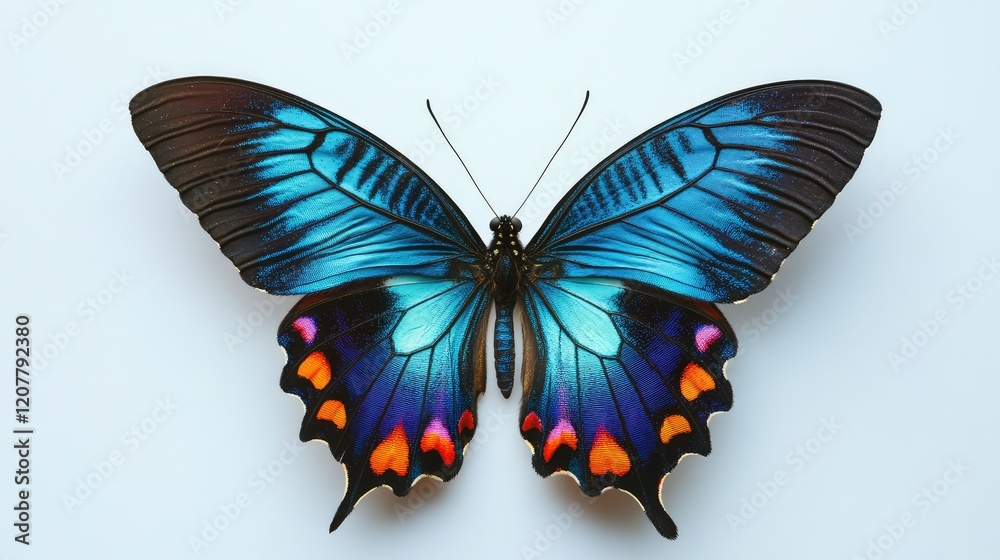 Obraz premium Vibrant blue butterfly with orange and black patterns on wings isolated on a white background with Copy Space for text.