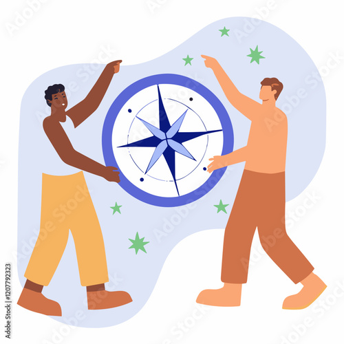 Two diverse individuals collaborating, confident expressions, holding a compass, soft pastel background