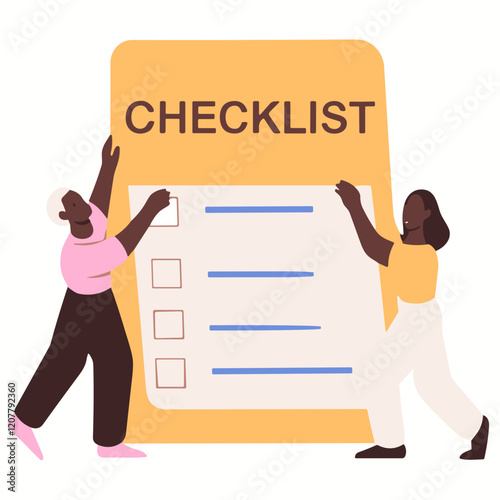 Diverse individuals collaborating, focused expressions, holding a checklist, colorful background