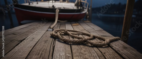 Boat secured by rope to cleat on wooden dock in the dark, wooden dock, dark water, boat mooring