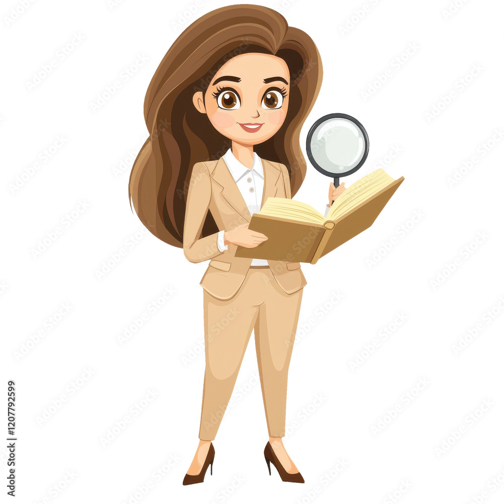 cartoon woman in beige suit holding magnifying glass and book, exuding curiosity and confidence cartoon woman in beige suit holding magnifying glass and book, exuding curiosity and confidence