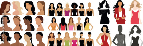 Diverse Women Silhouettes:  A vibrant collection of diverse female silhouettes in various poses and attire, offering endless creative possibilities for fashion, beauty, and empowerment projects.