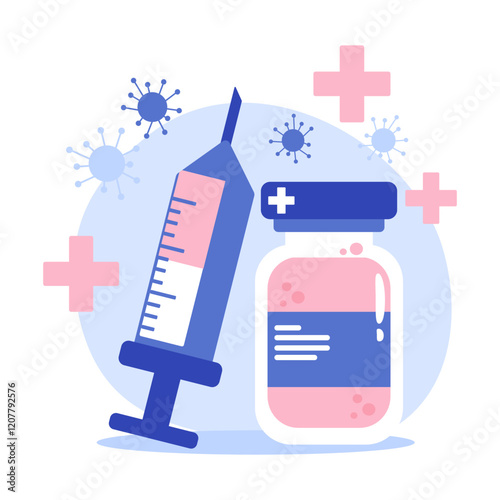 Vector illustration of a syringe, vaccine bottle, and virus symbol, representing vaccination, immunization, and the fight against infectious diseases.