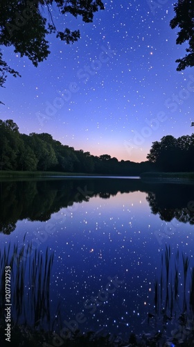 Tranquil lakeside view under a starry sky during twilight hours