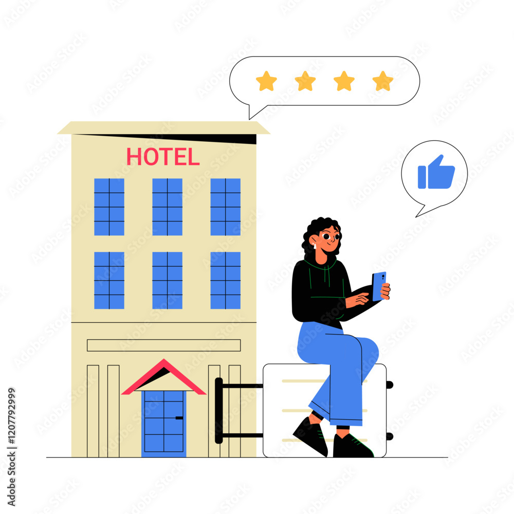 Female Traveler Rating Hotel With Five Stars In Flat Vector Illustration Symbolizing Hotel Feedback, Online Reviews, And Travel, Isolated On White Background. Female Traveler Rating Hotel With Five Stars In Flat Vector Illustration Symbolizing Hotel Feedback, Online Reviews, And Travel, Isolated On White Background.