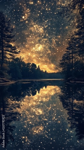 Tranquil lakeside view under a starry sky during twilight hours
