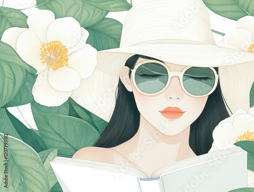 woman reading book in sunny park surrounded by lush greenery and flowers, wearing wide brimmed hat and sunglasses, exuding relaxed and serene vibe