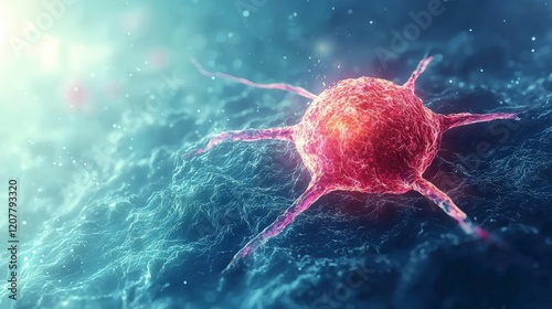 An intricate and colorful representation of a cancer cell under a microscope, highlighting the complexity and challenges of understanding disease at a cellular level.