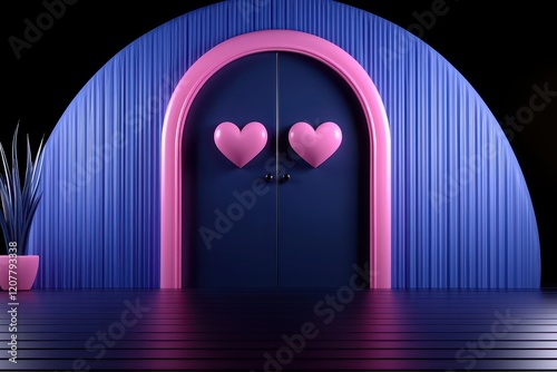 A vibrant arch doorway with heart-shaped handles, representing love and creativity.