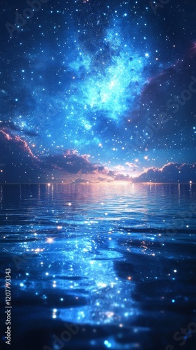 Tranquil lakeside view under a starry sky during twilight hours