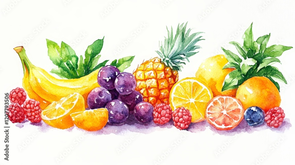 Vibrant Watercolor Painting of Fresh Fruits: Banana, Pineapple, Orange, Grape & More! Vibrant Watercolor Painting of Fresh Fruits: Banana, Pineapple, Orange, Grape & More!