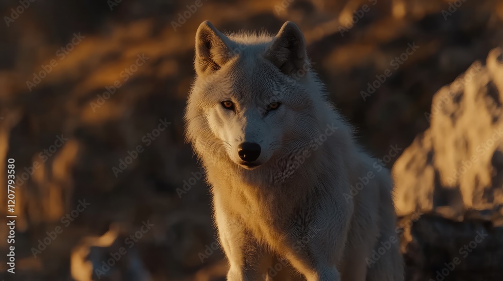 Arctic wolf standing on rocky terrain with golden sunlight highlighting its fur and features Copy Space Arctic wolf standing on rocky terrain with golden sunlight highlighting its fur and features Copy Space
