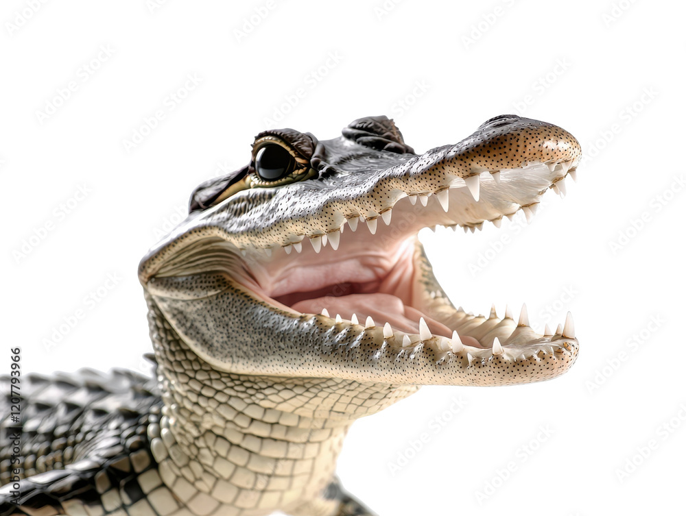 Fototapeta premium Close-up of an alligator's open mouth, showcasing its sharp teeth and textured skin. Perfect for wildlife, reptile, or nature-themed projects.