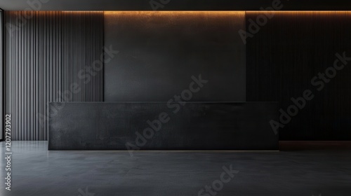 A front view of a dark kitchen interior features a sleek, modern design with a prominent grey wall that stands empty, emphasizing a minimalist aesthetic. photo