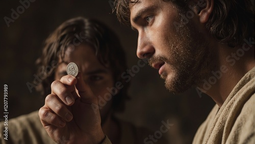 Dramatic close up of Judas holding silver coin guilt ridden face Jesus in background photo