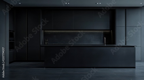 A front view of a dark kitchen interior features a sleek, modern design with a prominent grey wall that stands empty, emphasizing a minimalist aesthetic. photo