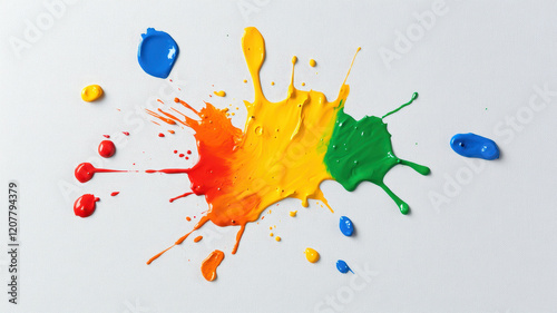vibrant splash of paint in red, yellow, green, and blue on white s, creating energetic and artistic expression