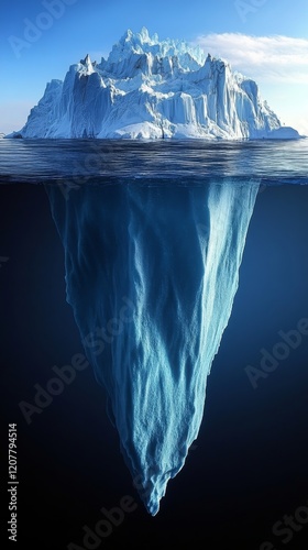 Iceberg floating serenely in clear blue water under a sunny sky with fluffy c...